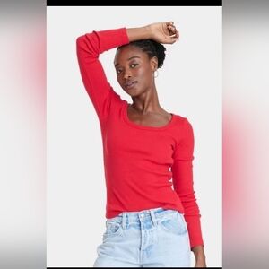 A New Day Women's Slim Fit Long Sleeve Scoop Neck Ribbed T-Shirt Red